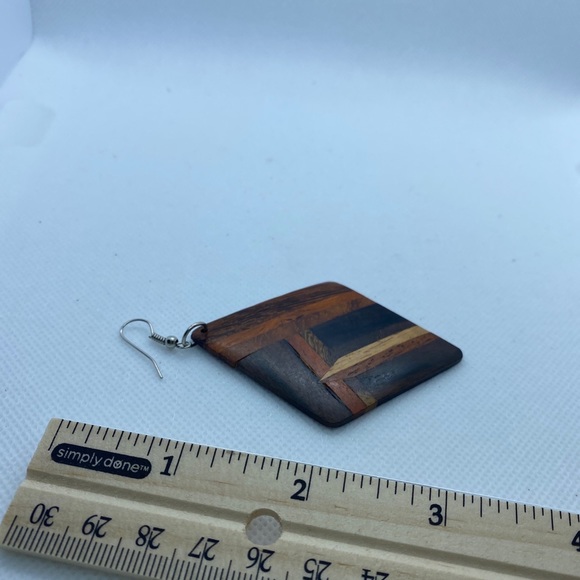 Large Boho Wood Inlay Dangle Earrings - Picture 2 of 2